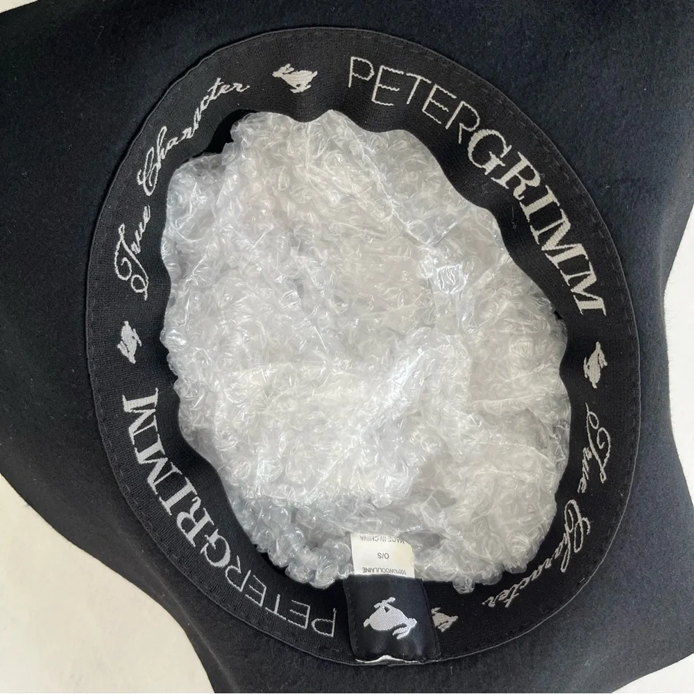 Peter Grimm Black Felted 100% Wool Floppy Hat w/ Thin Vegan Leather Band OS
